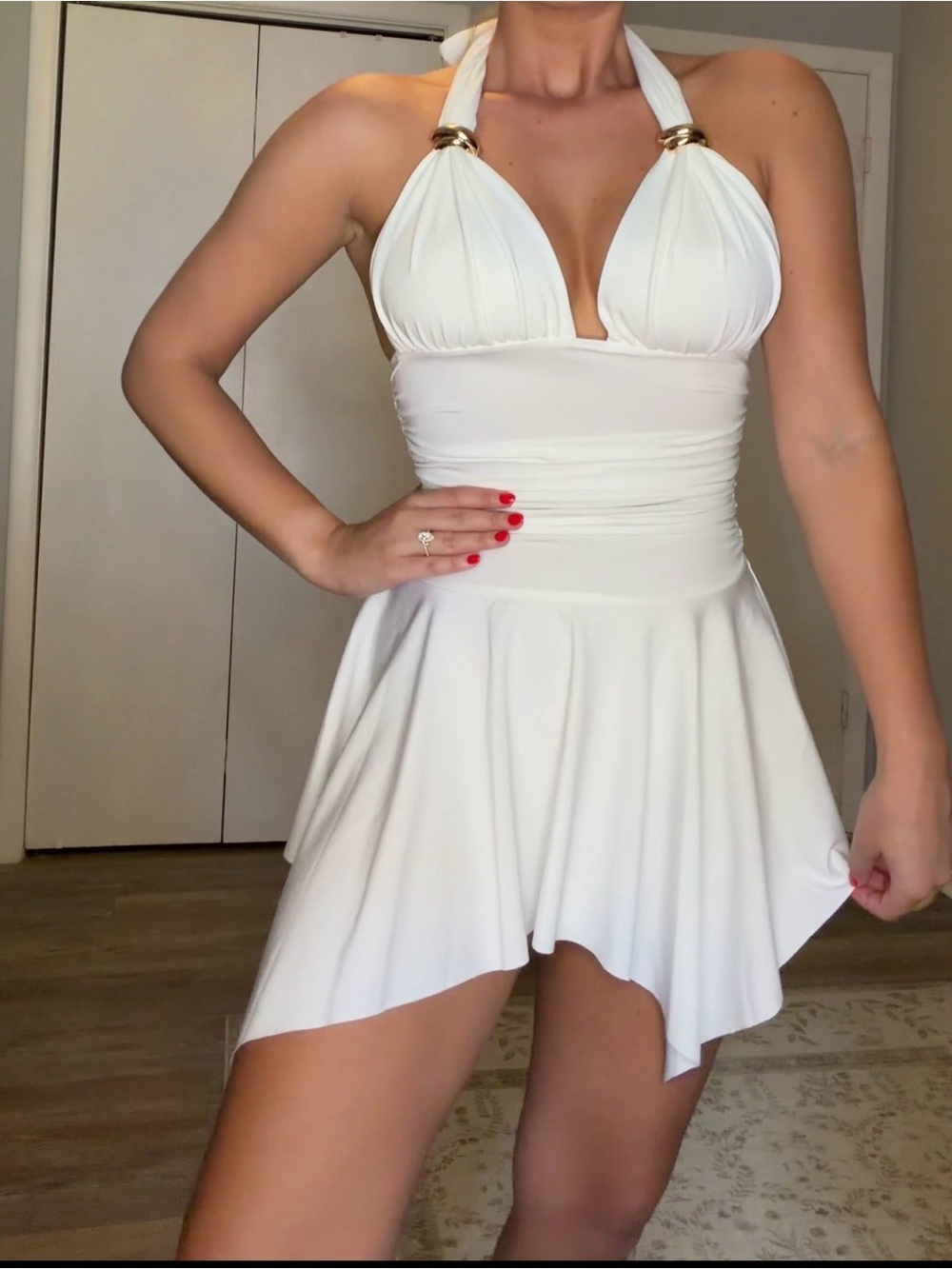 TikTok Shop White Halter Dress with Gold Ring Accents